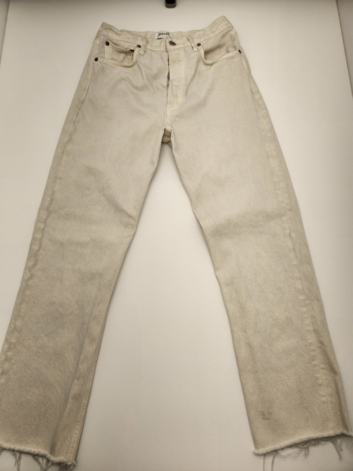 AGOLDE Women's High Rise Straight Leg Raw Hem Jeans Ivory Size 28
