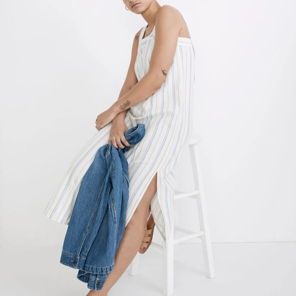 Madewell Striped Linen Blend Apron Midi Dress Women's Size Medium