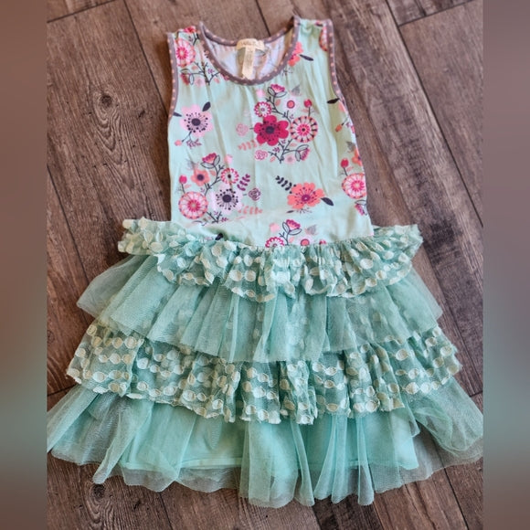 Matilda Jane Girls Floral Tiered Tulle Tutu Dress Mint Green Size 6